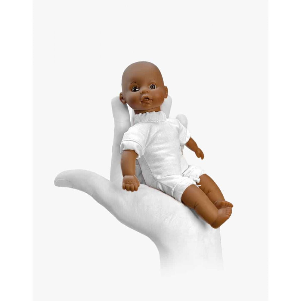 MINIKANE - POUPEE 17CM - MINIS – PIO AUX YEUX FONCES ET SON COUFFIN VICHY VERT DE GRIS