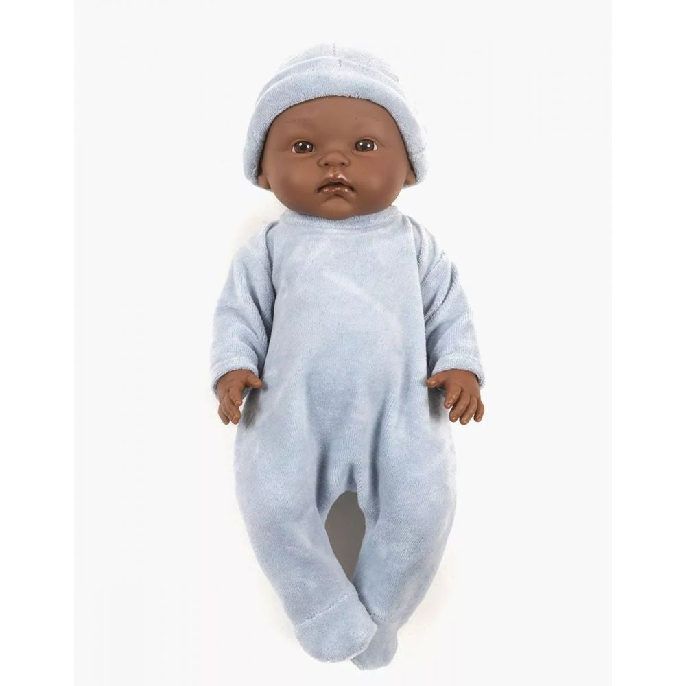 MINIKANE - POUPEE 36CM - CUTIES - BASILE ET SON DORS BIEN EN VELOURS NIKKY BLEU AVEC BONNET