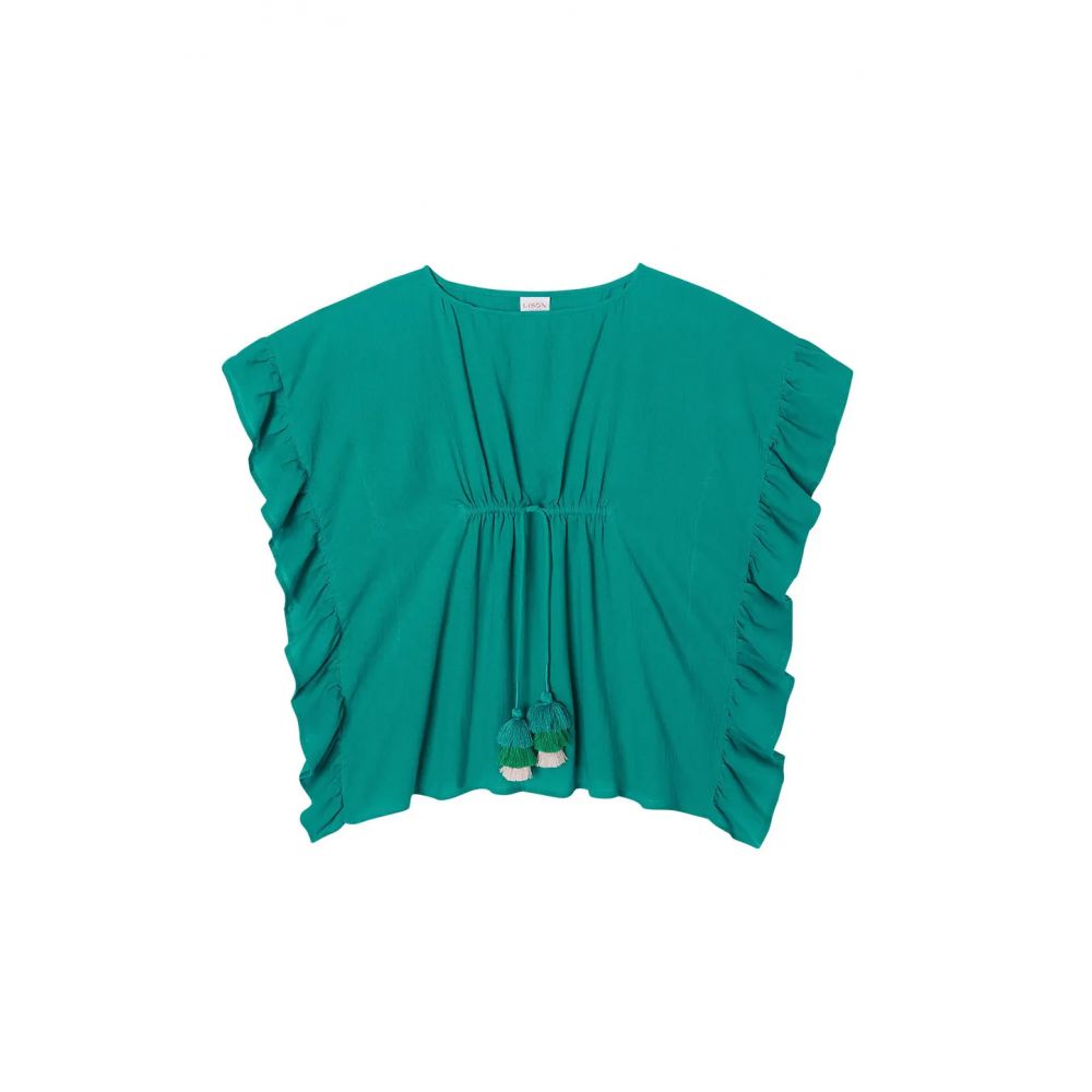 CAFTAN FILLE LEA A POMPON EMERAUDE -Lison Paris