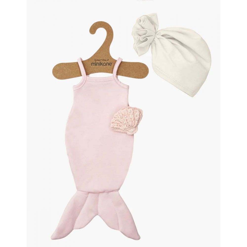 GORDIS - LES P'TITS DEGUIZ - ENSEMBLE SIRENE DES MERS & COQUILLAGES PERLES ROSE ET TURBAN FLEUR EN JERSAY ECRU -Minikane
