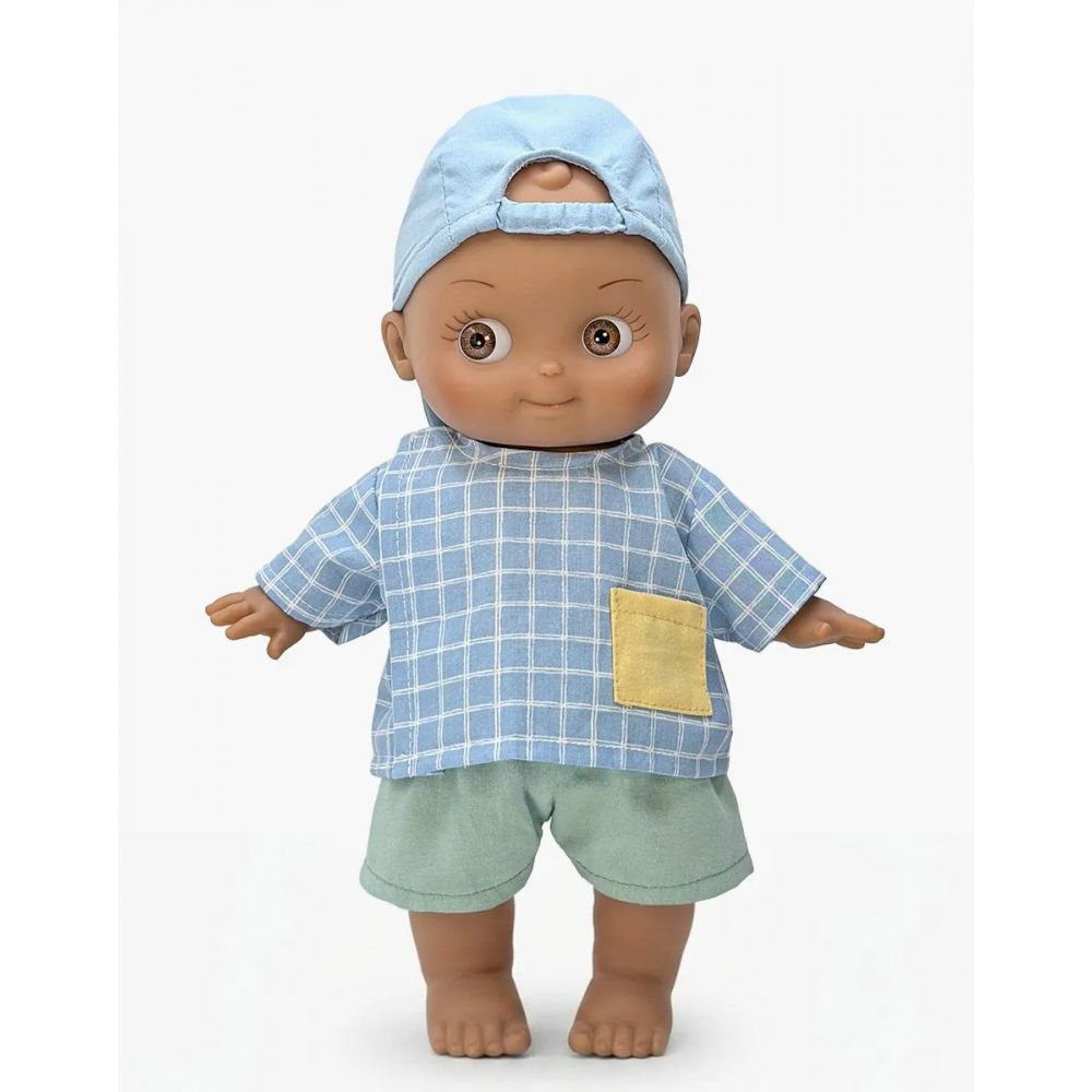 POUPEE 27CM - MINI PANCHA - NOAH A L'ECOLE ET SON ENSEMBLE A CARREAUX BLEU -Minikane