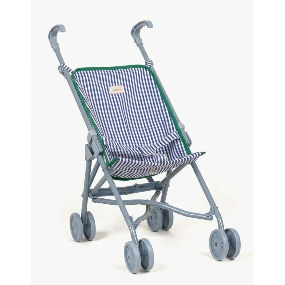 POUSSETTE RAYE BLEU ET BORD VERT SUR CHASSIS BLEU -Minikane