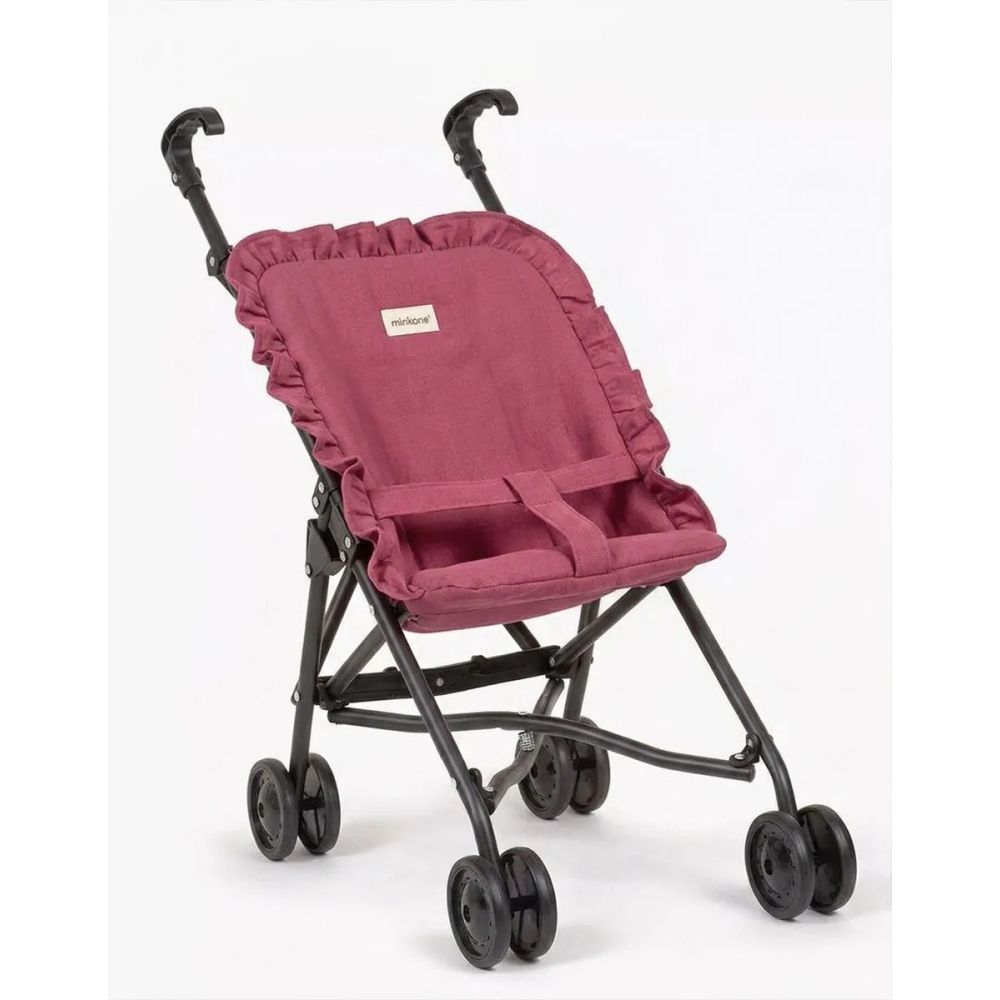 POUSSETTE A VOLANTS EN GAZE DE COTON FRAMBOISE SUR CHASSIS NOIR -Minikane