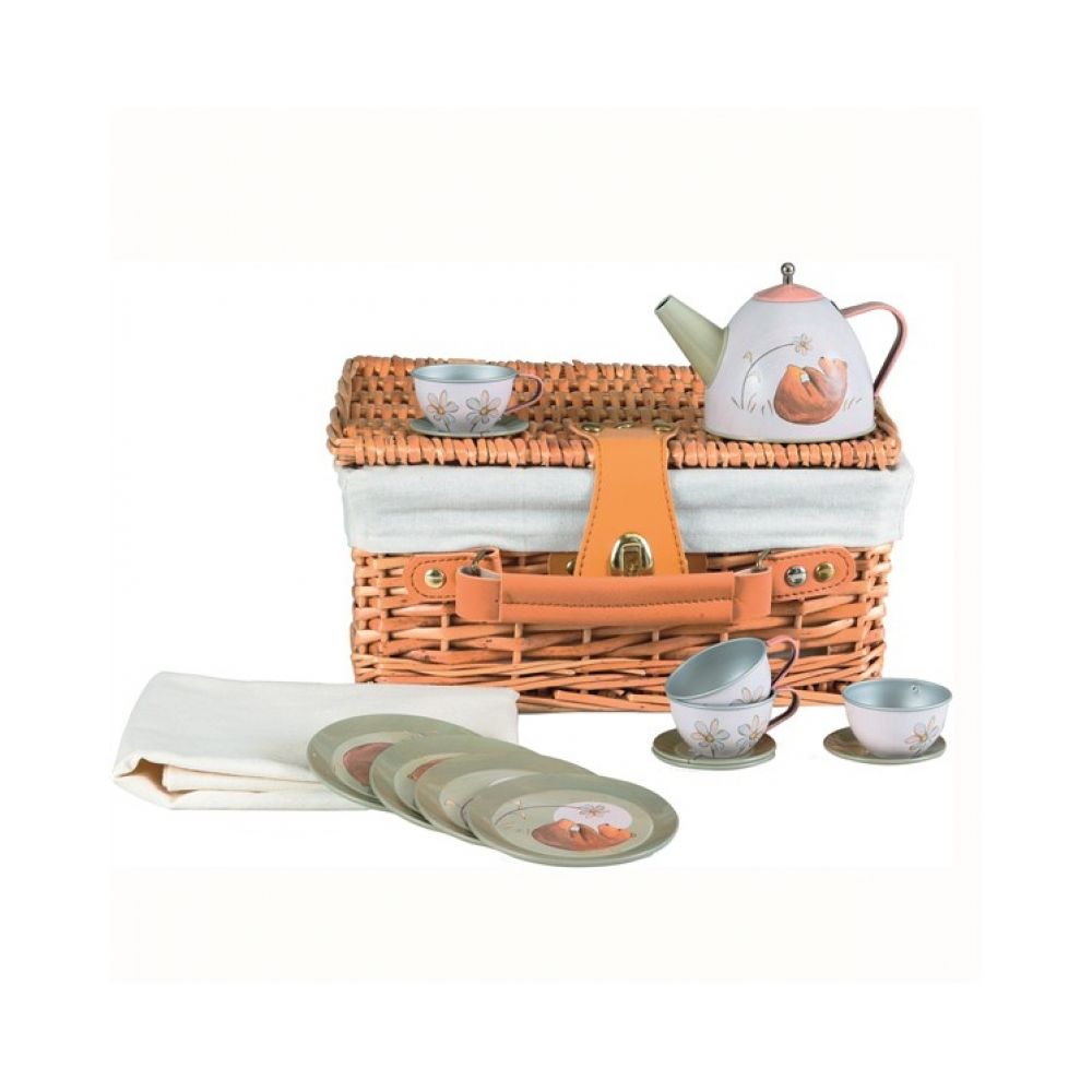 SET DE THE EN METAL FORET DANS VALISE EN OSIER
