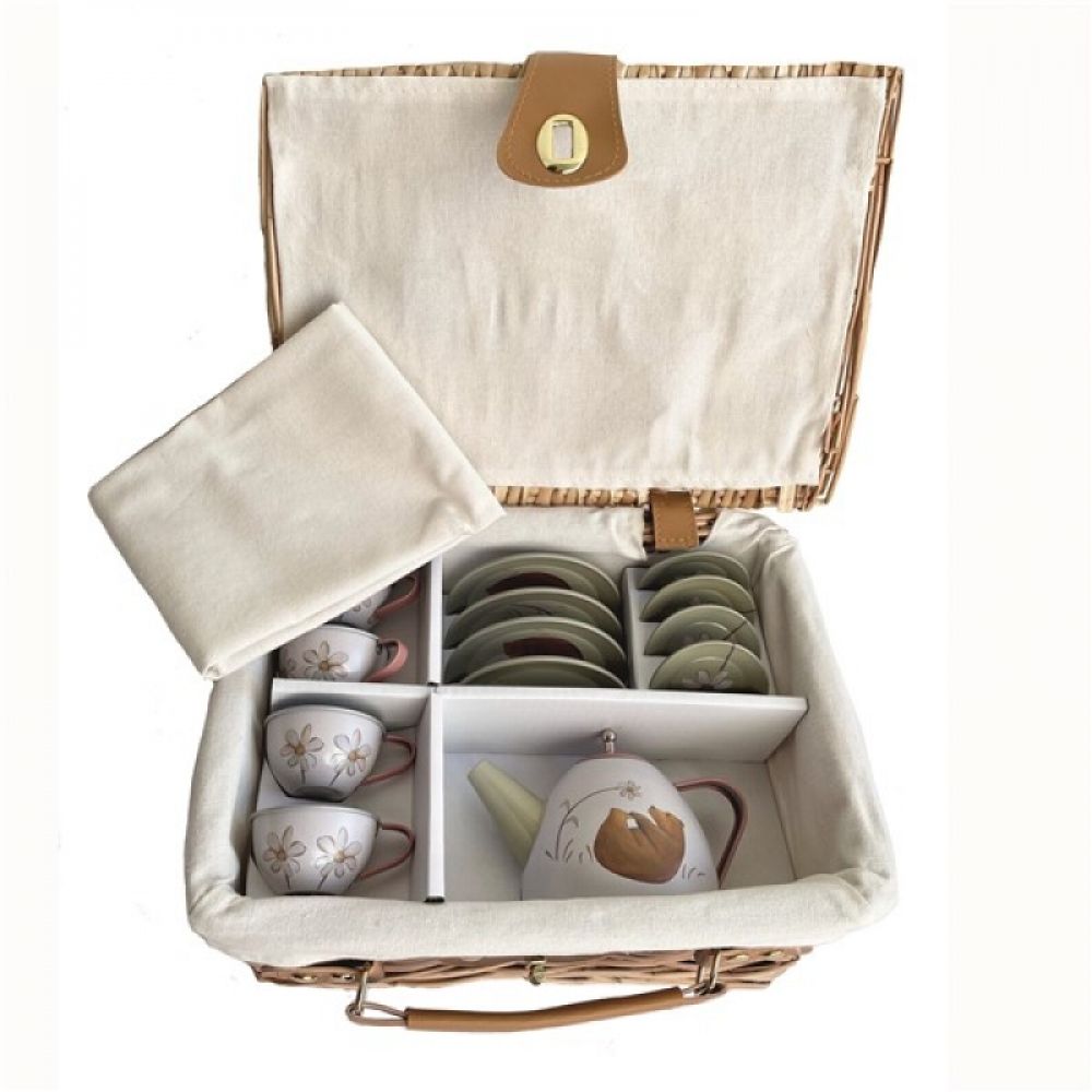 SET DE THE EN METAL FORET DANS VALISE EN OSIER