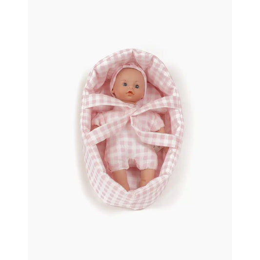 MINIKANE - POUPEE 17CM - MINIS – TEA AUX YEUX CLAIRS ET SON COUFFIN VICHY ROSE PETALE