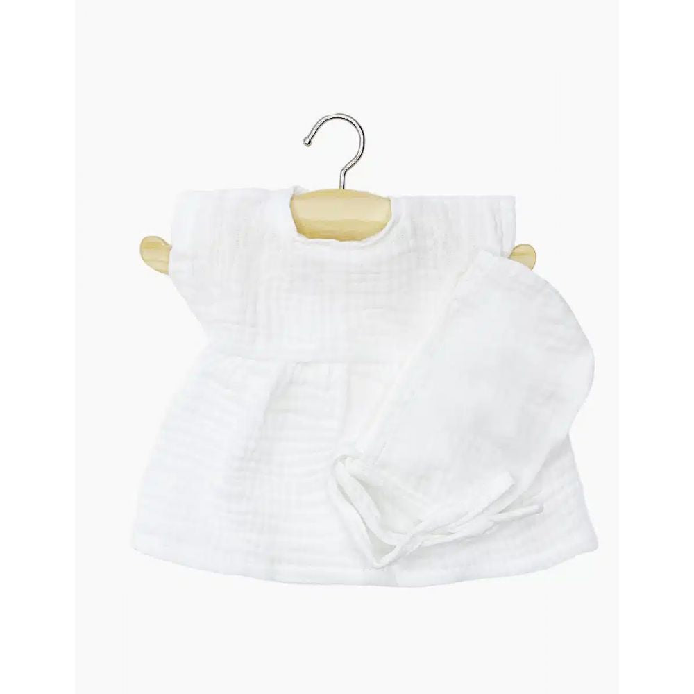 MINIKANE - BABIES - ROBE FAUSTINE ET BEGUIN ROND EN GAZE DE COTON BLANC AVEC POCHON