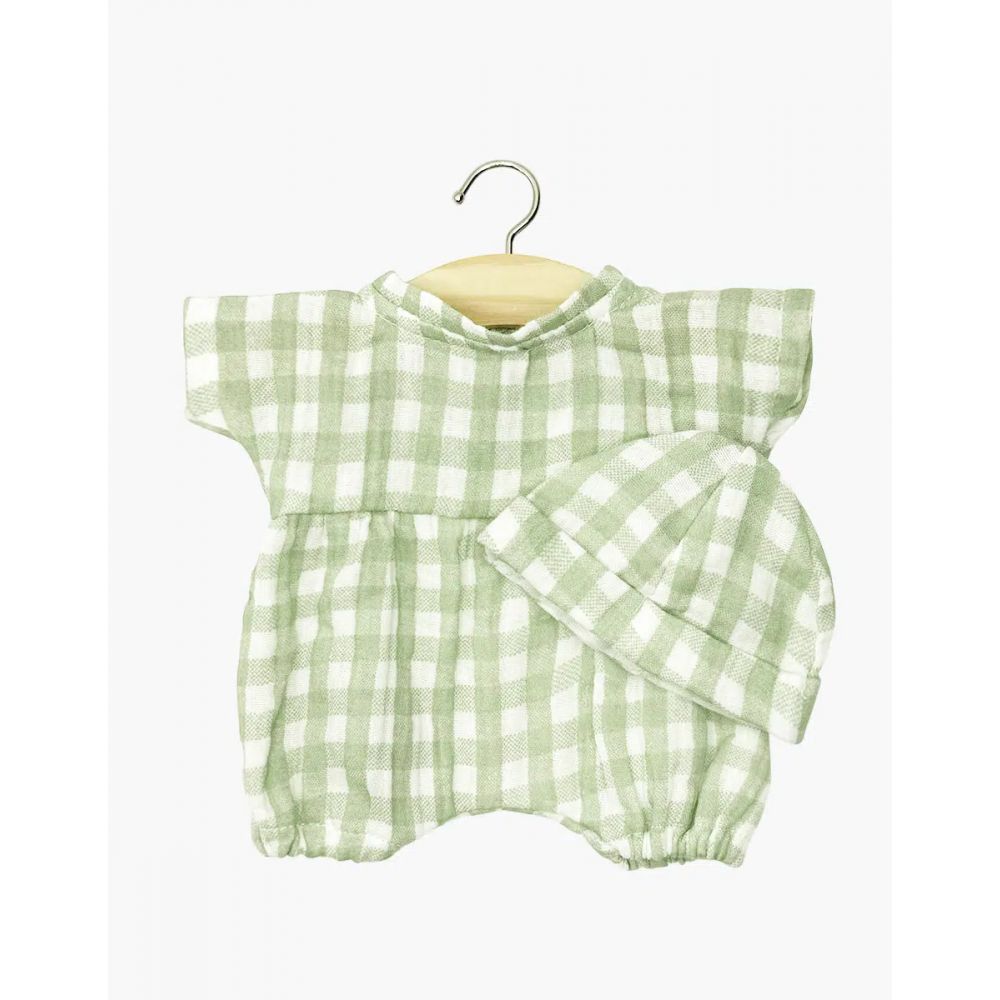 BABIES – BARBOTEUSE NOA ET SON BONNET EN GAZE DE COTON VICHY VERT AVEC POCHON