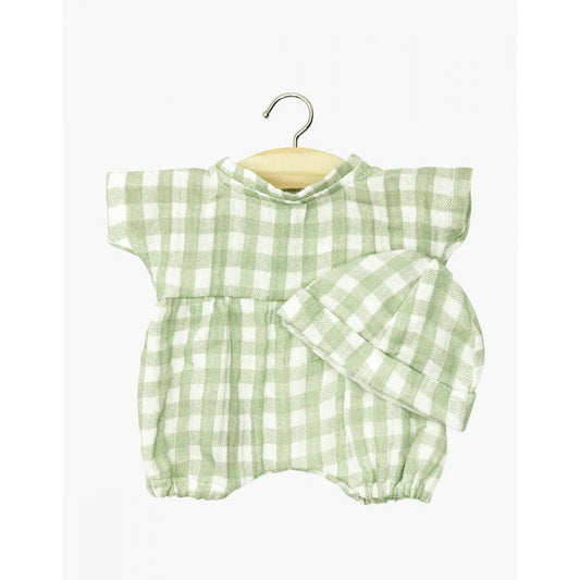 BABIES – BARBOTEUSE NOA ET SON BONNET EN GAZE DE COTON VICHY VERT AVEC POCHON