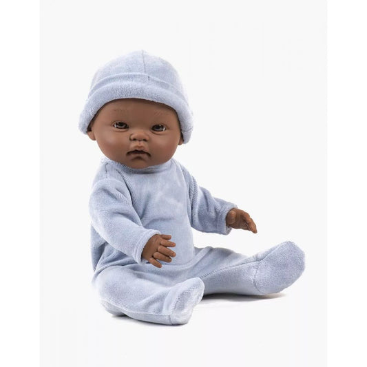MINIKANE - POUPEE 36CM - CUTIES - BASILE ET SON DORS BIEN EN VELOURS NIKKY BLEU AVEC BONNET