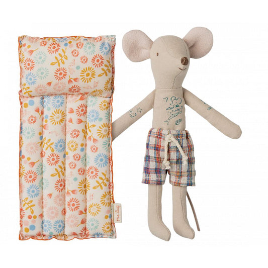 SOURIS A LA PLAGE - SOURIS PAPA SUR SON MATELAS FLEURS