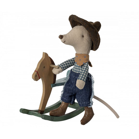 SOURIS COW-BOY SUR SON CHEVAL A BASCULE PETIT FRERE -Maileg