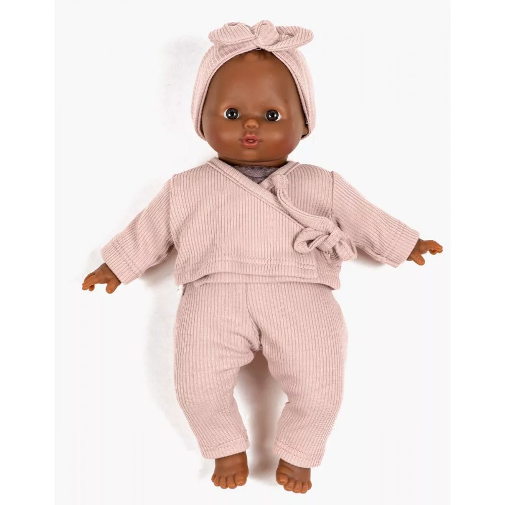 MINIKANE - BABIES -ENSEMBLE CACHE COEUR ROXANE EN MAILLE COTELEE ROSE PETALE AVEC SON HEADBAND