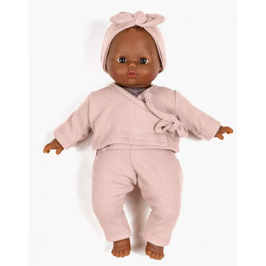 MINIKANE - BABIES -ENSEMBLE CACHE COEUR ROXANE EN MAILLE COTELEE ROSE PETALE AVEC SON HEADBAND