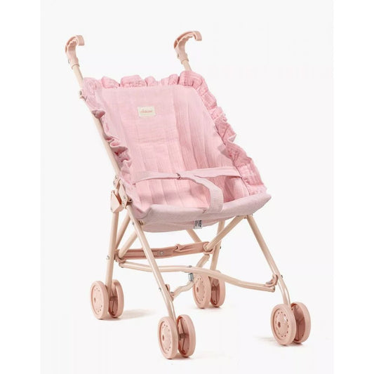 POUSSETTE QUILTEE A VOLANTS EN GAZE DE COTON FRAISE AVEC CHASSIS NUDE -Minikane