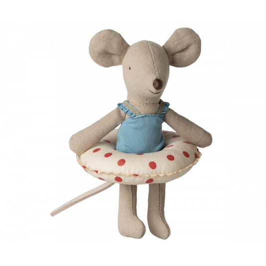 SOURIS A LA PLAGE AVEC BOUEE, PETITE SOEUR - POINTS ROUGES -Maileg