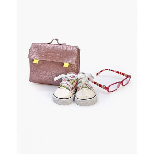 MINI PANCHA - LOT ACCESSOIRES D'ECOLE MINI PANCHAS AVEC CARTABLE EN SIMILI CUIR ROSE -Minikane