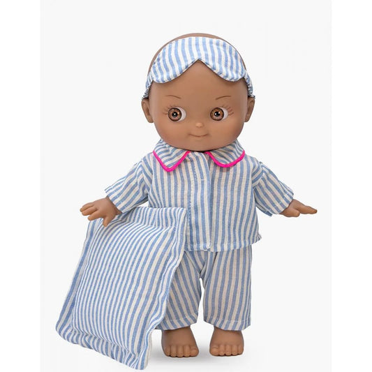 POUPEE 27CM - MINI PANCHA - NOAH A LA MAISON ET SON ENSEMBLE DE NUIT RAYE BLEU ET SES ACCESSOIRES -Minikane