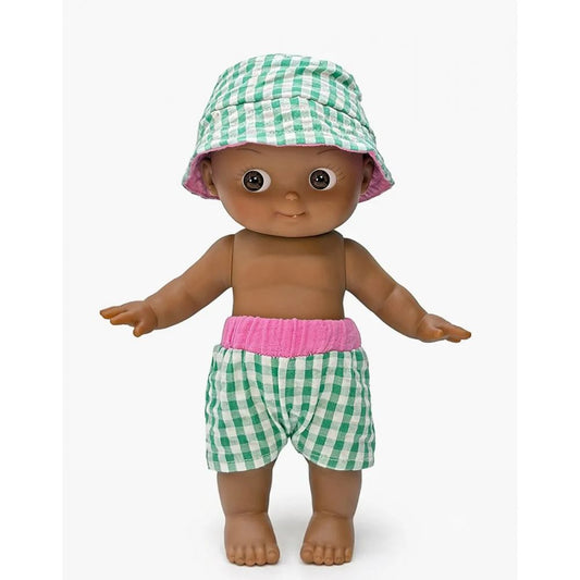 POUPEE 27CM - MINI PANCHA - ARSENE  A LA PLAGE ET SA TENUE VICHY VERT -Minikane