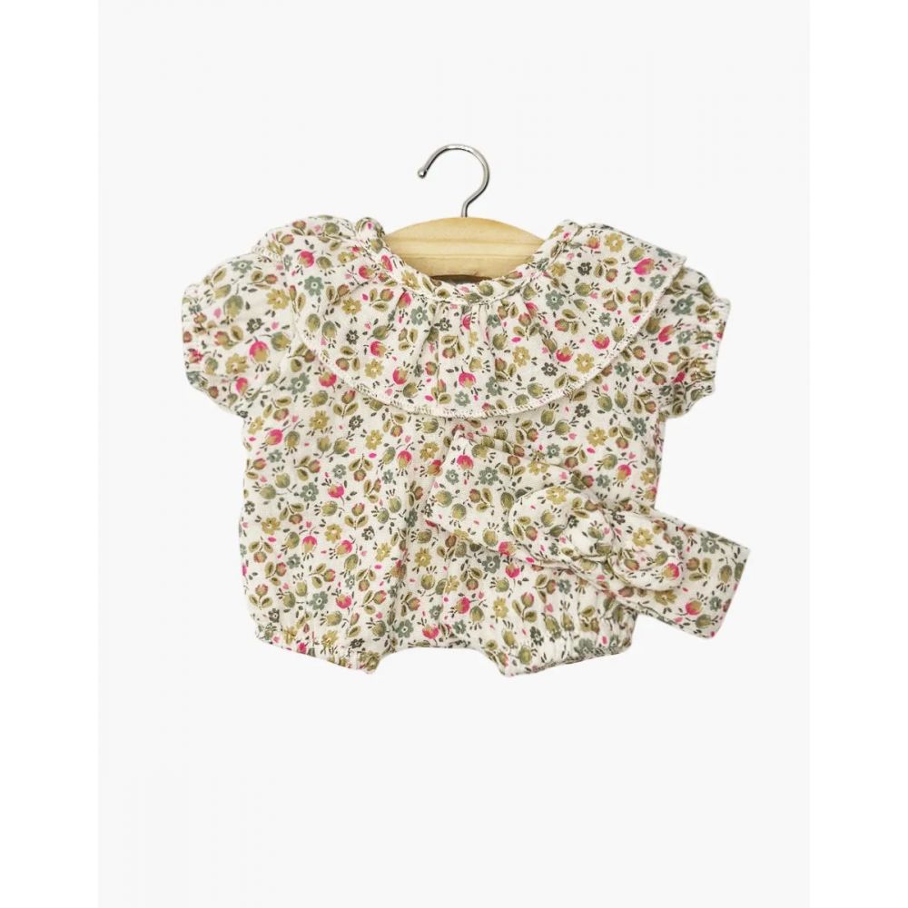 BABIES - BARBOTEUSE A COLLERETTE EVA ET SON HEADBAND EN GAZE DE COTON PETITES FLEURS FUSHIA -Minikane