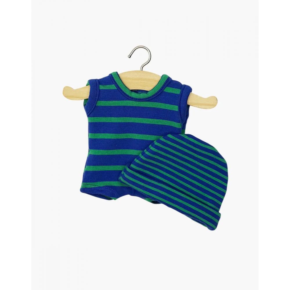 MINI PANCHA - BODY MARCEL RAYE BLEU/VERT ET SON BONNET -Minikane