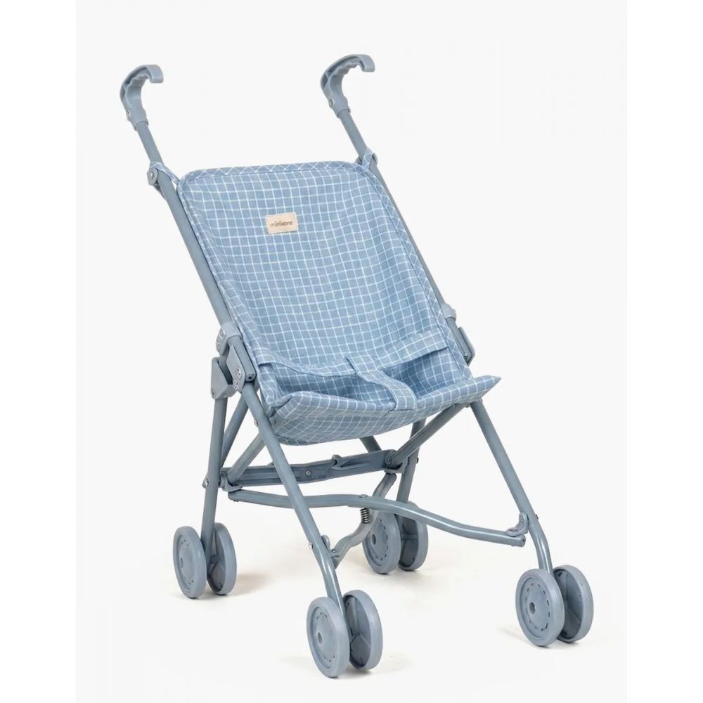 POUSSETTE A VOLANTS CARREAUX BLEU SUR CHASSIS BLEU -Minikane