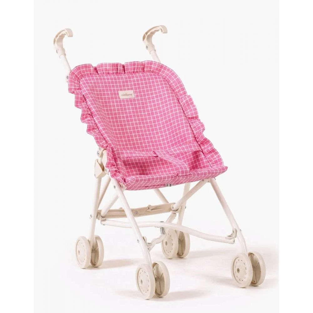 POUSSETTE A VOLANTS CARREAUX ROSE SUR CHASSIS CREME -Minikane