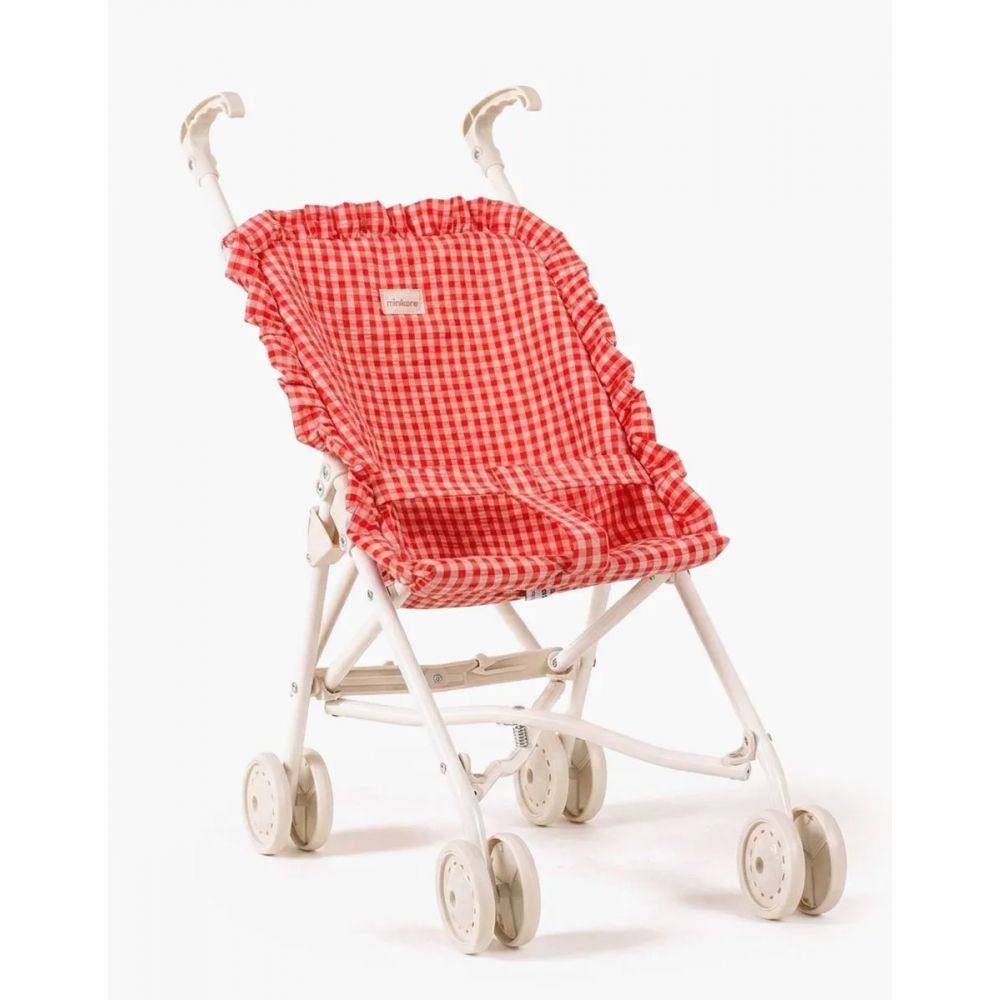 POUSSETTE A VOLANTS VICHY CORAIL SUR CHASSIS CREME -Minikane