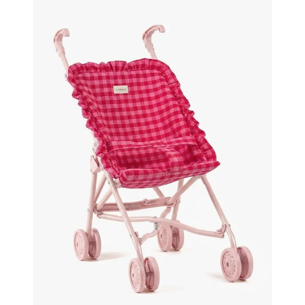 POUSSETTE A VOLANTS EN FLANELLE VICHY CERISE SUR CHASSIS NUDE -Minikane
