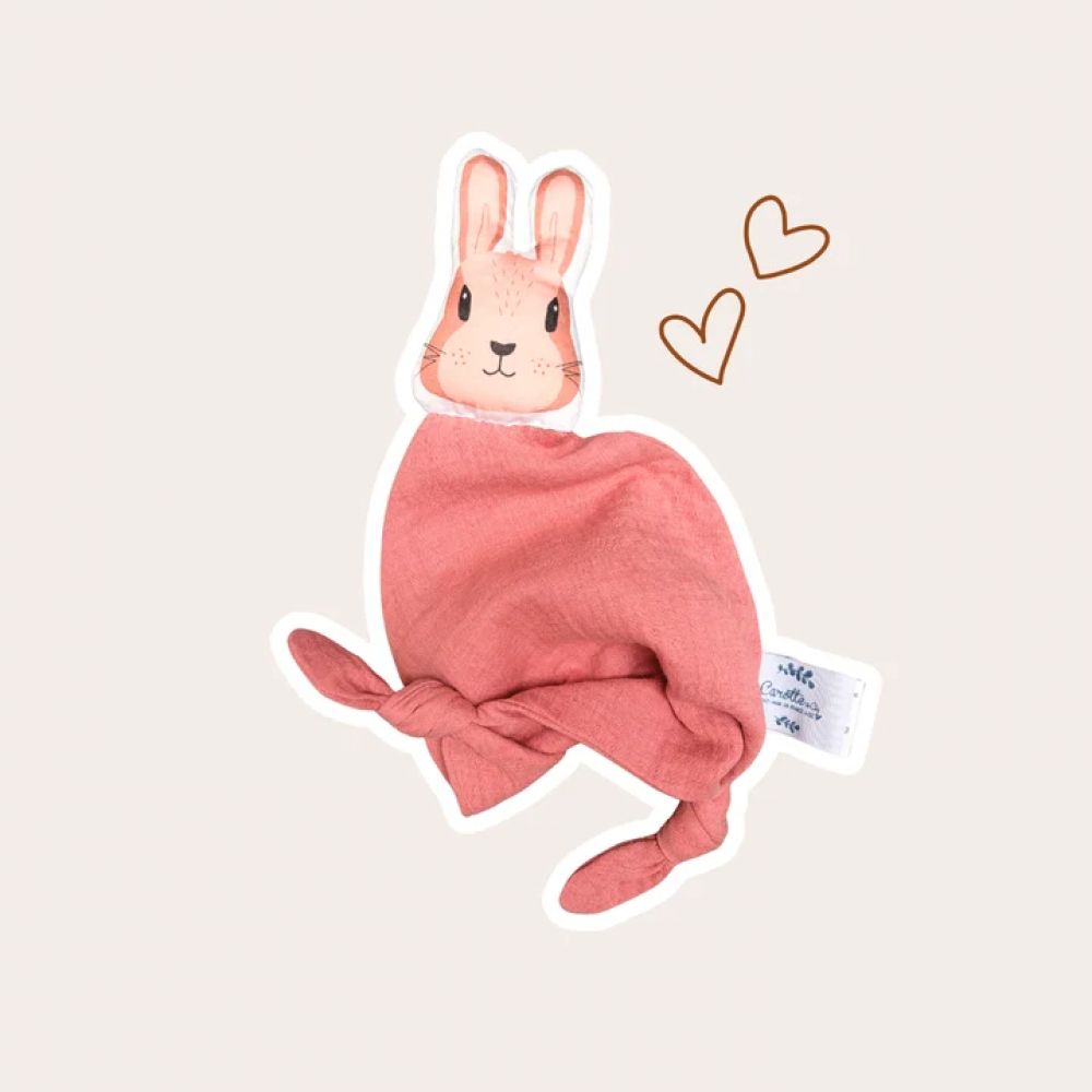 DOUDOU LAPIN EN DOUBLE GAZE ROSE THE -Carotte & Cie