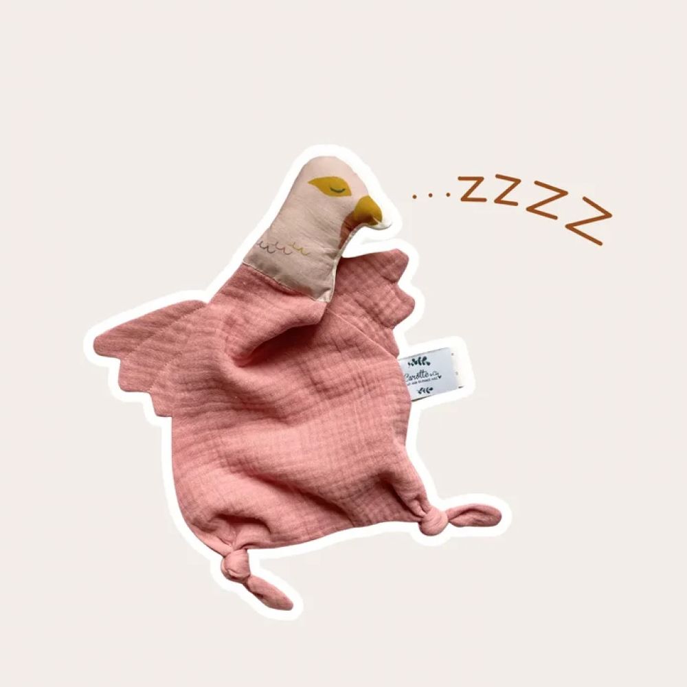 DOUDOU OISEAU EN DOUBLE GAZE DE COTON ROSE THE -Carotte & Cie